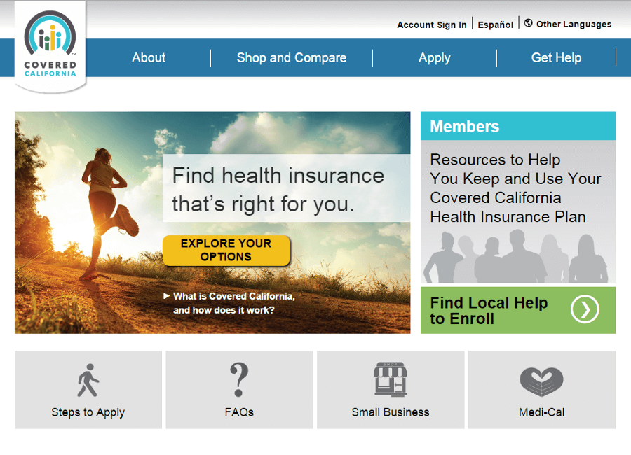 Screenshot of Covered California Marketplace